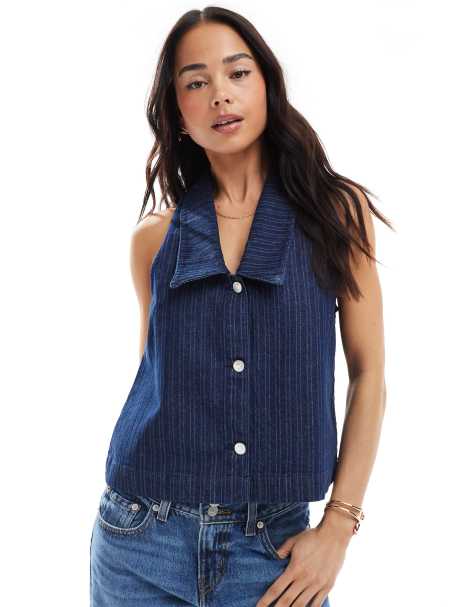 ASOS DESIGN - Mouwloze gestreepte denim top met matrozenkraag - view 1
