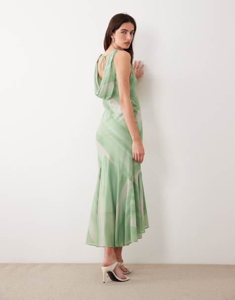 ASOS DESIGN - Mouwloze gestreepte maxi jurk met gedrapeerde halslijn en ruches aan de zoom in groen - view 1