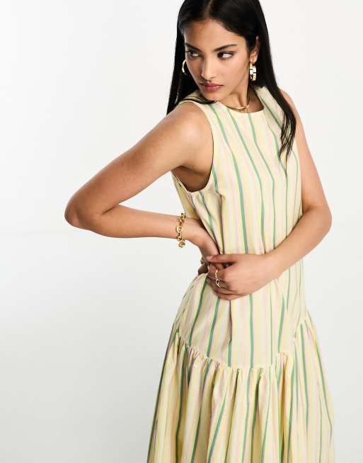 ASOS DESIGN - Mouwloze gestreepte midi smockjurk van katoen met verlaagde taille