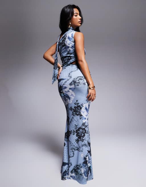 ASOS DESIGN Mouwloze hoogsluitende maxi jurk in blauwe