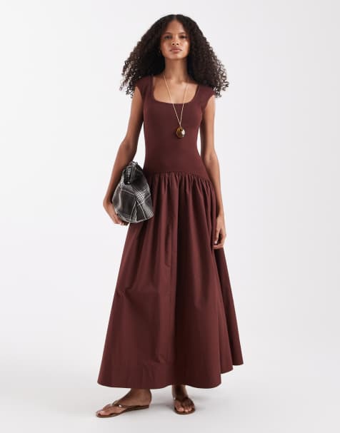 ASOS DESIGN - Mouwloze hybride maxi jurk met lage ronde hals in warme chocoladebruine - view 1