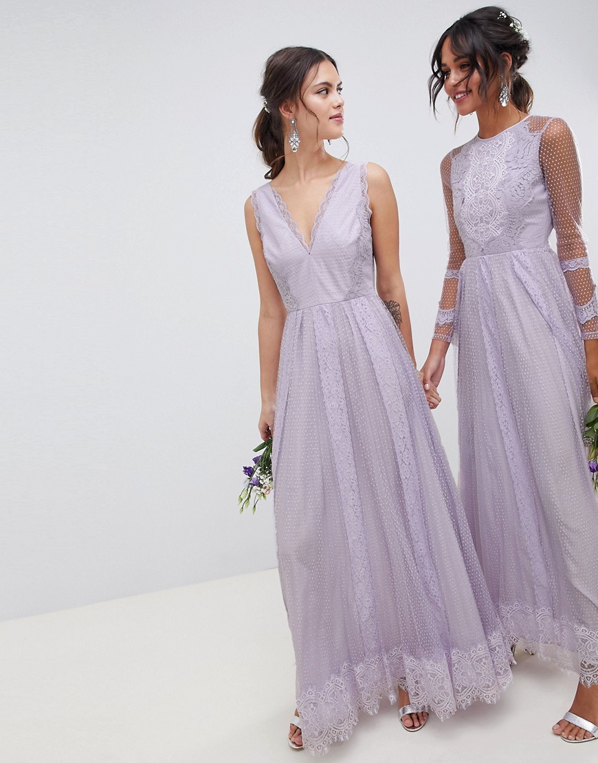 ASOS DESIGN - Mouwloze lange jurk in mix van dobby mesh en kant-Paars