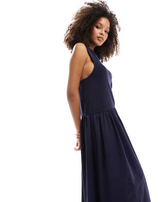 ASOS DESIGN - Mouwloze maxi jurk met geribbeld lijfje en volle zoom in marineblauw met wassing
