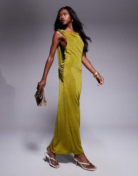 ASOS DESIGN - Mouwloze maxi-jurk met hardware en open achterkant in groen - view 1