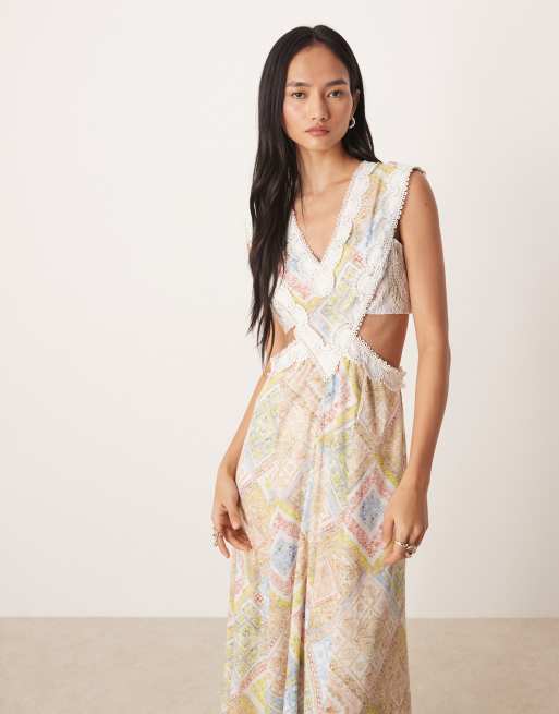 ASOS DESIGN - Mouwloze maxi jurk met kant-applicaties en uitsnijding in pastel, 3 van 4