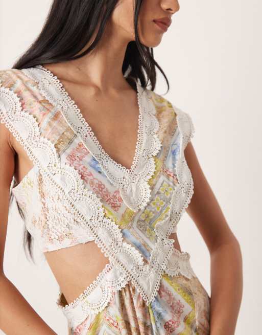 ASOS DESIGN - Mouwloze maxi jurk met kant-applicaties en uitsnijding in pastel, 4 van 4