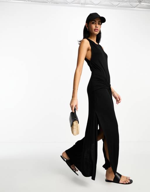 ASOS DESIGN - Mouwloze maxi jurk met ronde hals en gestrikte sarong-rok in zwart 