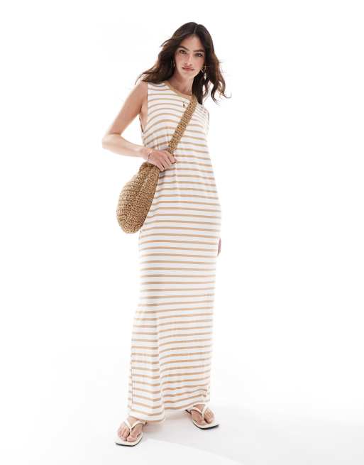 ASOS DESIGN - Mouwloze maxi jurk met strepen in taupe en wit