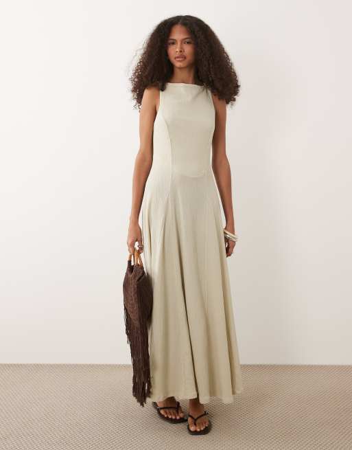 ASOS DESIGN - Mouwloze maxi jurk met textuur en volle rok in stone, 2 van 4
