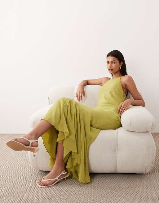 ASOS DESIGN - Mouwloze maxi jurk van chiffon met godetzoom in groen, 2 van 4