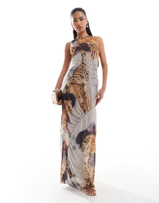 ASOS DESIGN - Mouwloze maxi jurk van mesh met gerimpeld detail en luipaard- en bloemenprint