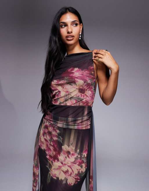 ASOS DESIGN - Mouwloze maxi jurk van mesh met open achterkant en sjerp in bloemenprint, 2 van 4
