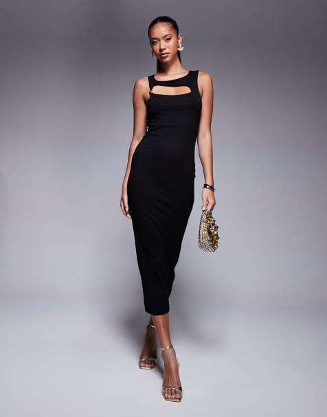ASOS DESIGN - Mouwloze midi jurk met asymmetrische uitsnijding met afwerking in zwart - view 1