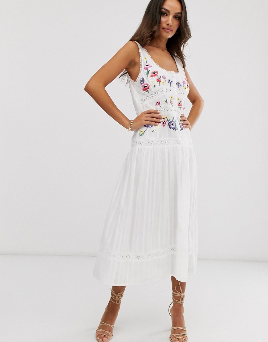 ASOS DESIGN - Mouwloze midi-jurk met borduursel, kanten inzetstuk en verlaagde taille-Wit