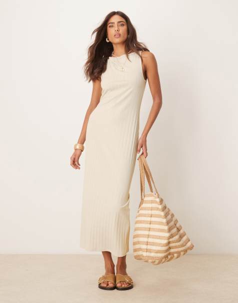 ASOS DESIGN - Mouwloze midi jurk met brede ribbels en boothals in stone - view 1