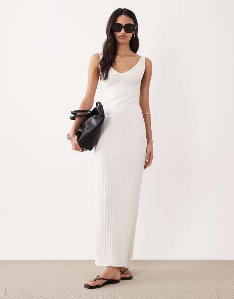 ASOS DESIGN - Mouwloze midi jurk met brede ribbels en V-hals in wit - view 1