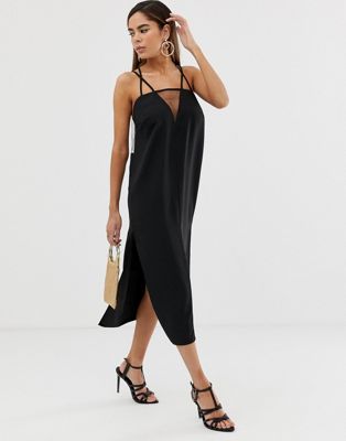 ASOS DESIGN - Mouwloze midi-jurk met doorschijnend detail-Zwart