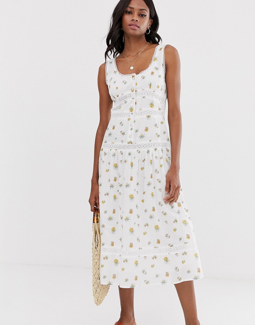 ASOS DESIGN - Mouwloze midi-jurk met kanten inzetstuk en verlaagde taille met bloemenprint-Multi