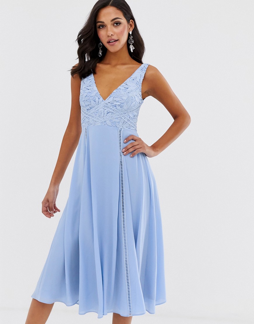 ASOS DESIGN - Mouwloze midi-jurk met kanten lijfje-Blauw
