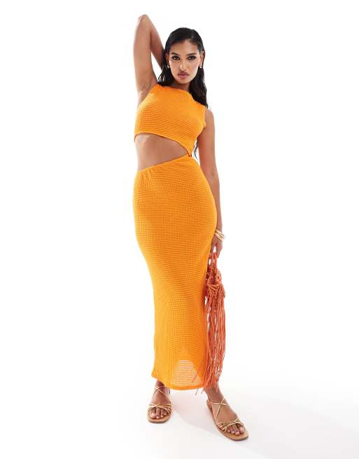 ASOS DESIGN - Mouwloze midi jurk met textuur en uitsnijding in oranje