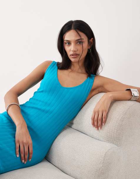 ASOS DESIGN - Mouwloze midi-jurk met V-hals en brede ribbels in groenblauw - view 1