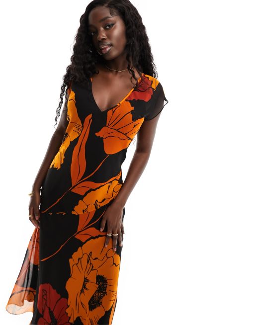 ASOS DESIGN Mouwloze midi jurk met V hals en oranje bloemenprint ASOS