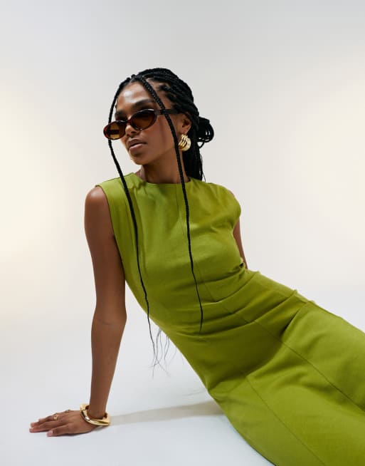 ASOS DESIGN - Mouwloze midi sundress van katoen met in kaki, 2 van 4