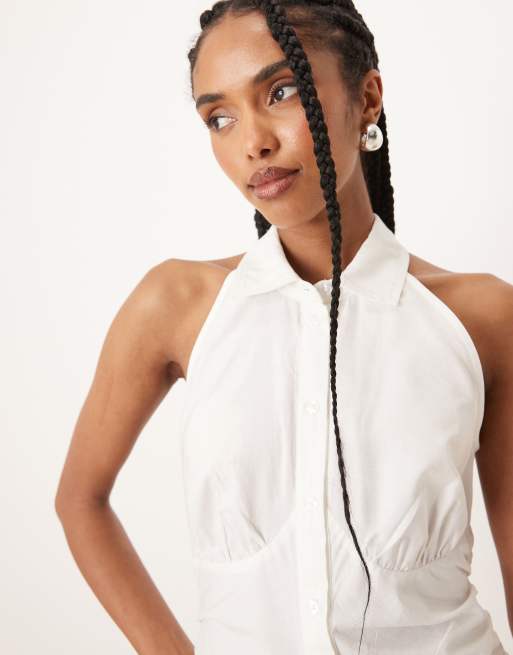 ASOS DESIGN - Mouwloze mini overhemdjurk met gehaakte halslijn in wit, 4 van 4