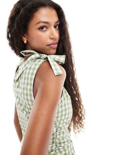 ASOS DESIGN - Mouwloze top met strik op de schouders en gingham ruit in groen, 3 van 4