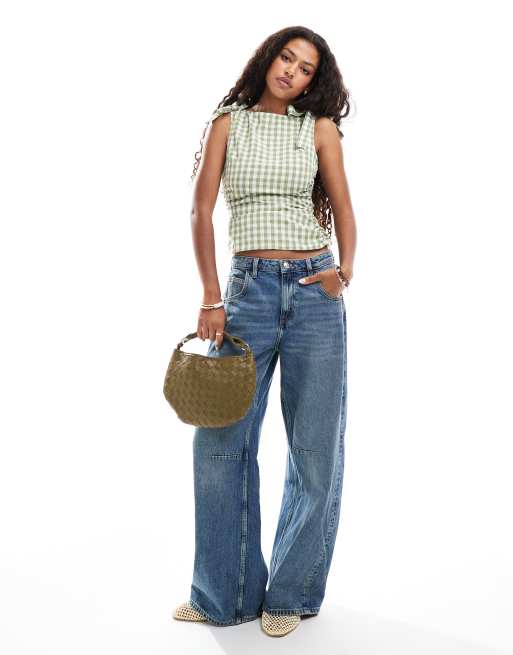 ASOS DESIGN - Mouwloze top met strik op de schouders en gingham ruit in groen, 4 van 4