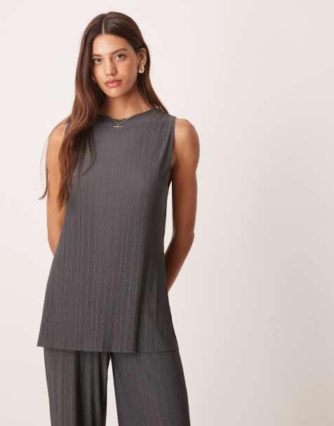 ASOS DESIGN - Mouwloze top van mesh met plooien en lange pasvorm in antracietgrijs, deel van co-ord set - view 1