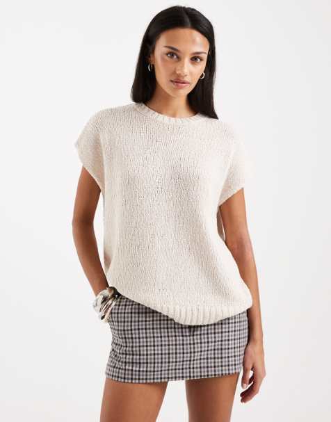 ASOS DESIGN - Mouwloze top van slubstof met ronde hals in crème - view 1