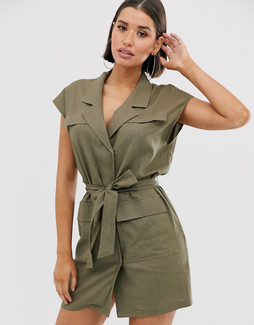 ASOS DESIGN - Mouwloze utility mini-jurk met riem van linnen-Groen