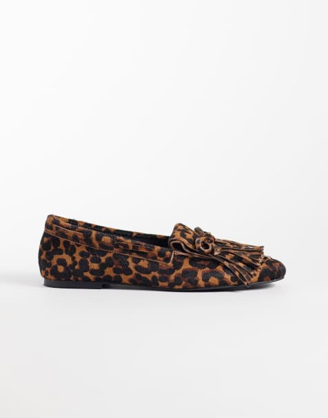 ASOS DESIGN Moxen premium fringe detail loafer in hair on real leather with leopard print - view 1
