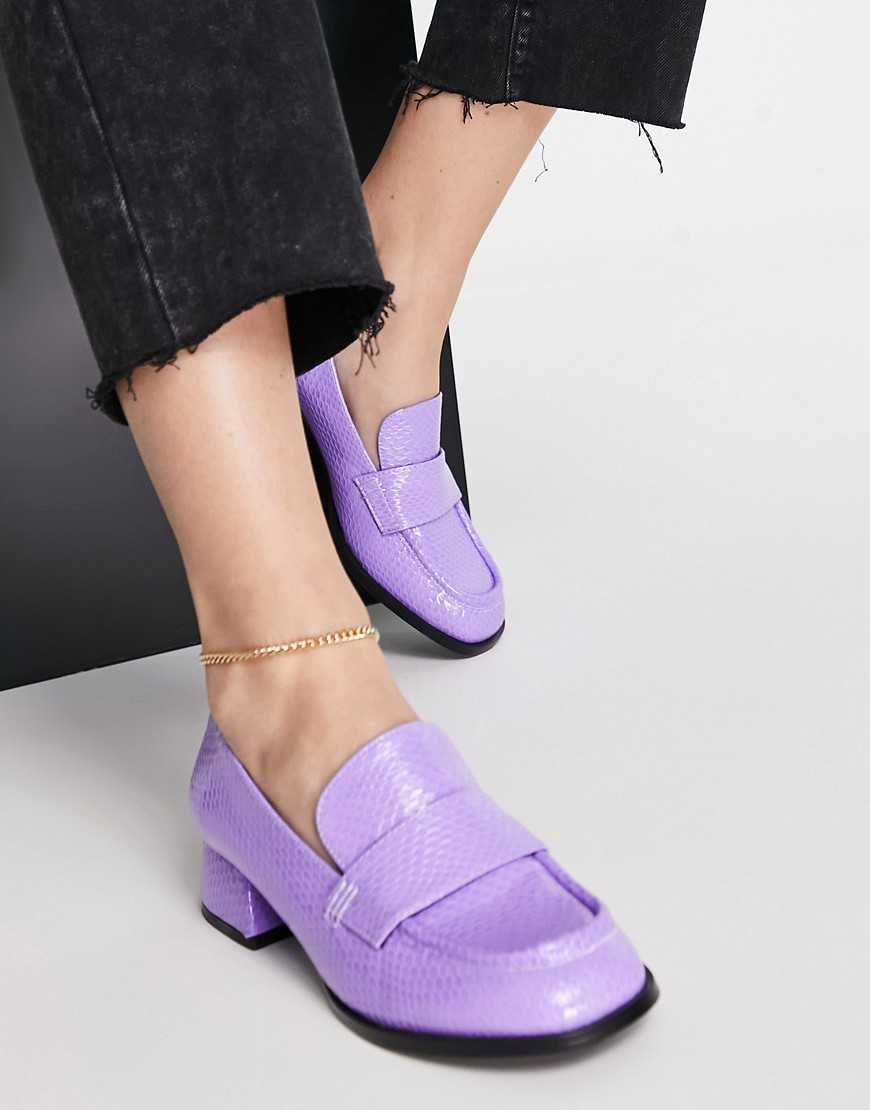 ASOS DESIGN Moya heeled loafers in lilac patent snake-Purple