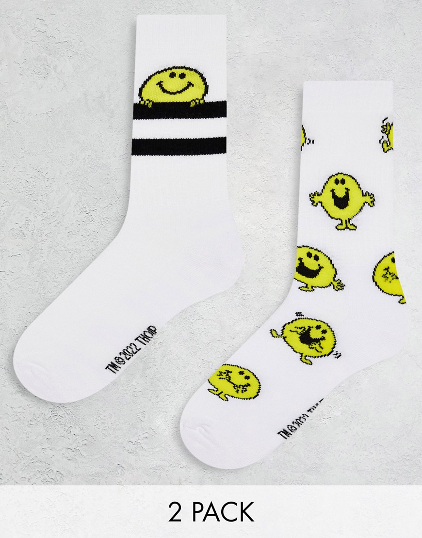 ASOS DESIGN Mr Men 2 pack sports socks with Mr Happy in white