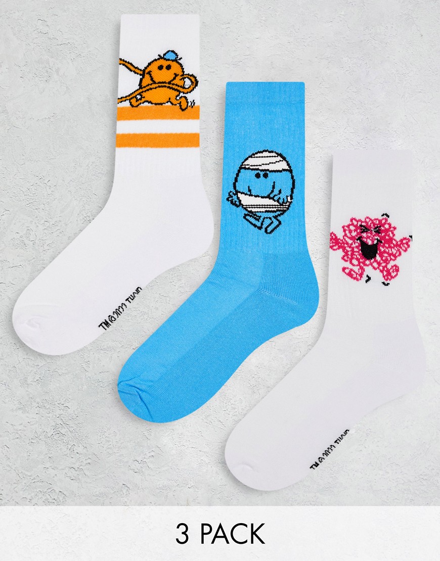 ASOS DESIGN Mr Men 3 pack sports socks with Mr Bump in white and blue