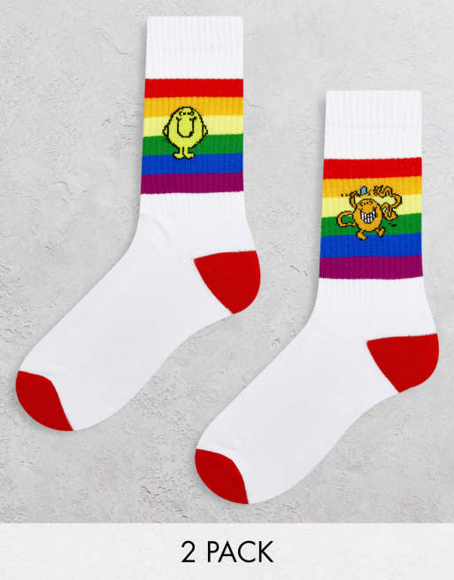 ASOS DESIGN - Mr. Men - Confezione da 2 paia di calzini sportivi bianchi e multicolore