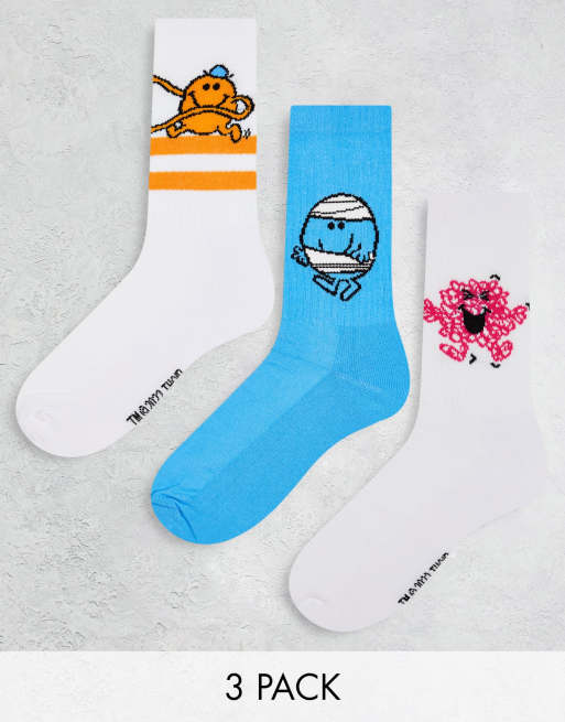 ASOS DESIGN - Mr Men - Set van 3 paar sokken met Mr Bump in wit en blauw