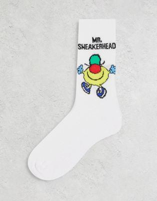 ASOS DESIGN Mr Men Sneakerhead slogan sports socks in white - ASOS Price Checker