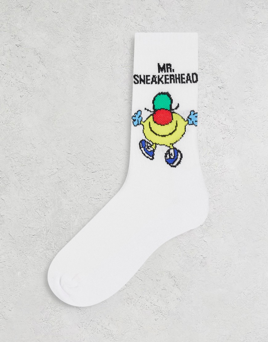 ASOS DESIGN Mr Men Sneakerhead slogan sports socks in white