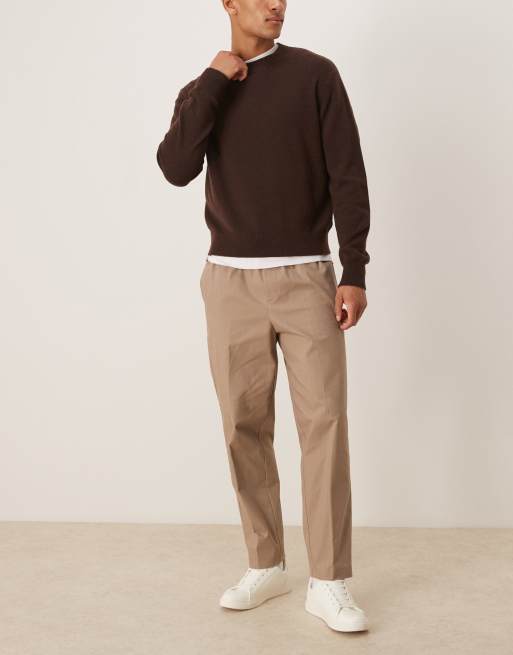 ASOS DESIGN - Mørk beige elegante afslappede tapered pull-on-bukser i bomuldsrigt stof, 2 af 5