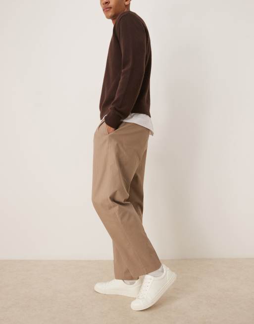 ASOS DESIGN - Mørk beige elegante afslappede tapered pull-on-bukser i bomuldsrigt stof, 3 af 5