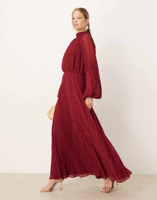 ASOS DESIGN - Mørk bordeauxrød og højhalset maxikjole med blouson-ærmer i krølstof
