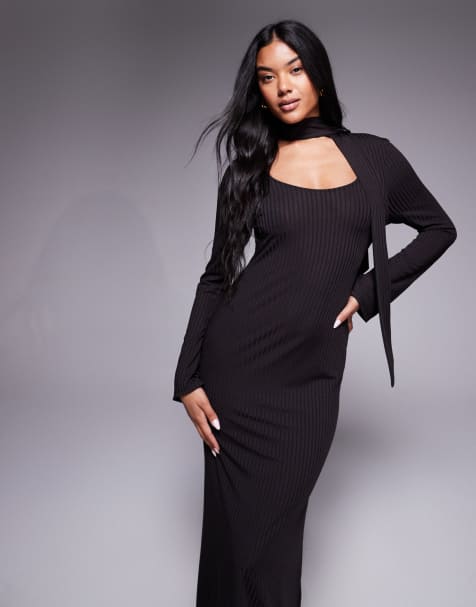 ASOS DESIGN - Mørk chokoladebrun maxikjole med lav og dyb rund hals samt tørklædedetalje - view 1
