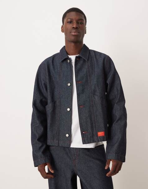 ASOS DESIGN - Mørk forvasket Harrington-jakke i denim med røde syninger - Del af sæt - view 1