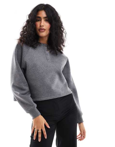 ASOS DESIGN - Mørk gråmeleret henley-top med raglan-detaljer - view 1