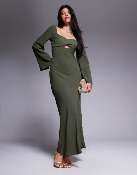 ASOS DESIGN - Mørk kakigrøn midikjole med udskæringsdetalje og krydsende design over brystet i satin - view 1