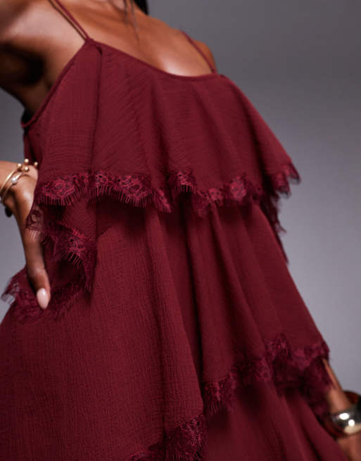 ASOS DESIGN - Mørk kirsebærrød lagdelt minikjole med flæser i chiffon og blondestof, 4 af 4