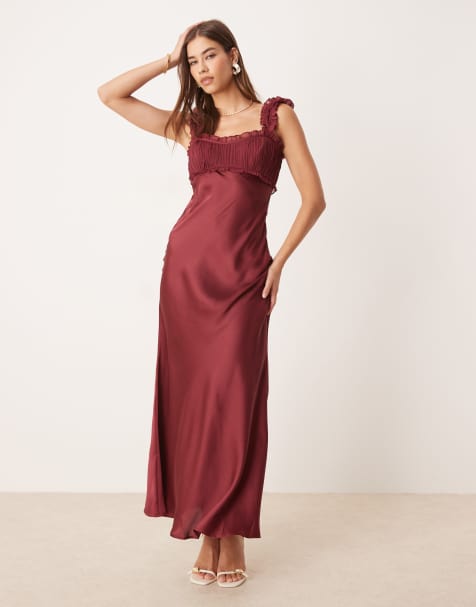 ASOS DESIGN - Mørk kirsebærrød midikjole med rynker over brystet i chiffon - view 1